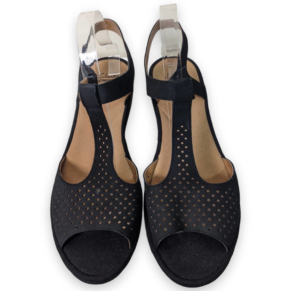 Clarks Collection Cushion Leather Perforated Wedge Sandals Women's Sz 11 Black - Picture 3 of 8